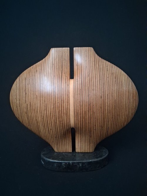 Laminated wood sculpture.