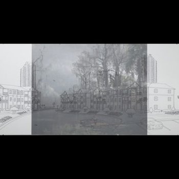 An architectural sketch overlays a photograph of a river.