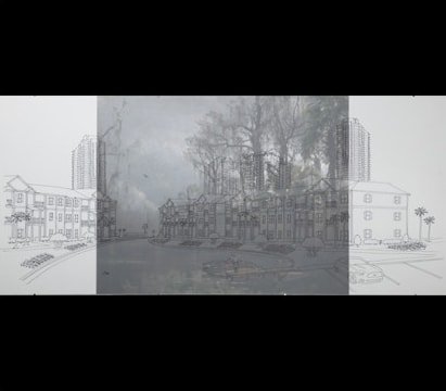 An architectural sketch overlays a photograph of a river.