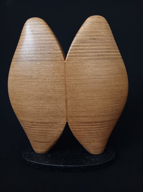Laminated wood sculpture.