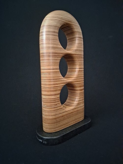 Laminated wood sculpture.