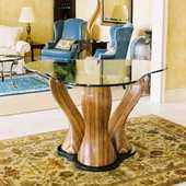 Laminated wood sculpture base for a shaped glass table.