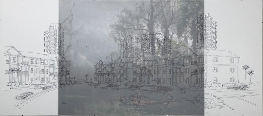 An architectural sketch overlays a photograph of a river.