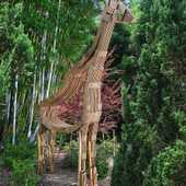 Lifesize stylized rough plywood giraffe stands tall amongst the landscape at the zoo.
