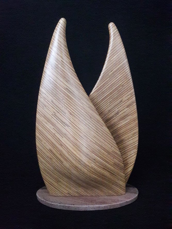 Laminated wood sculpture.